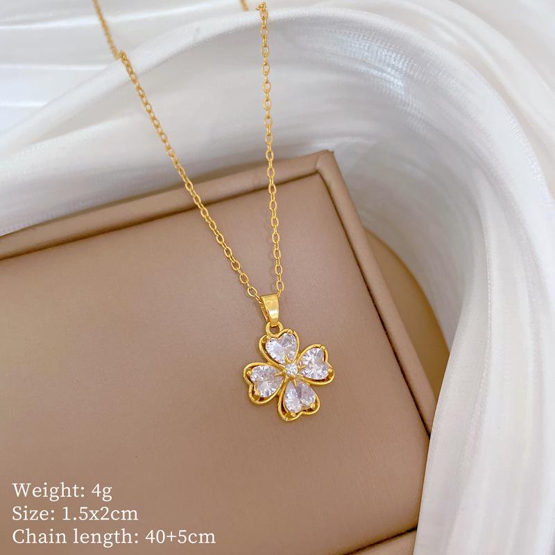 Necklace Earrings Set Light Luxury Full Diamond Four-Leaf Flower Love Personality Temperament Banquet Earrings Item Group