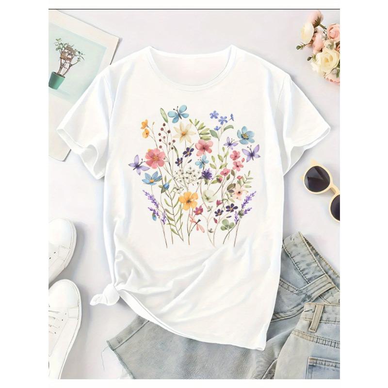Damski T-shirt z okrągłym dekoltem i krótkim rękawem z nadrukiem kwiatowym, żywy wzór kwiatowy, luźny krój, casualowy, wygodny, damski top modowy