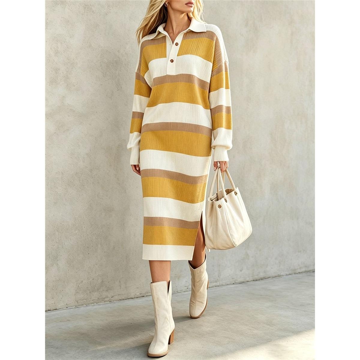 Dames gestreepte gebreide midi jurk reverskraag halve knoop lange mouw zijsplit los casual trui jurk S