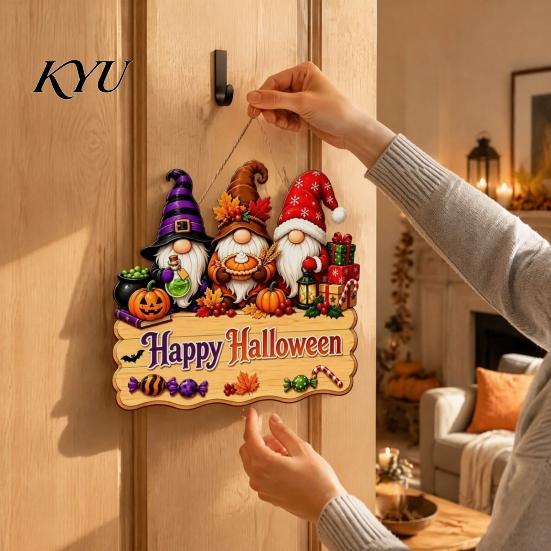 Festive Window Hanging Halloween Wooden Sign, Happy Door Sign with Gnomes/Ghosts, Retro Decorative Wood Board Autumn Harvest Festival Wall Decoration