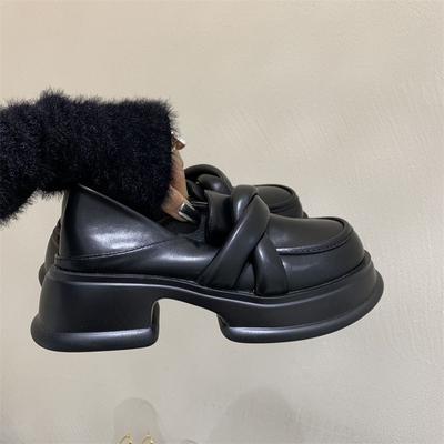 New Black Platform Women Loafers Fashion Round Toe Chunky Heels Retro Flat Shoes Female Slip On Casual Dress Women Pumps