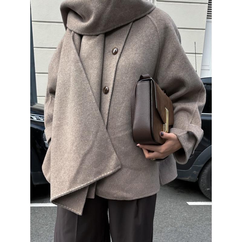 Solid Color Wool Scarf-Style Short Overcoat - European & American Warm Jacket