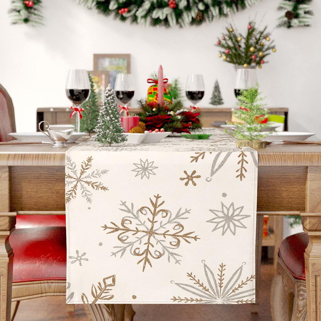 Winter Table Runner,Snowflake Decor, White, Gold, Table For Table, Seasonal, Christmas, Holiday, Home Decor