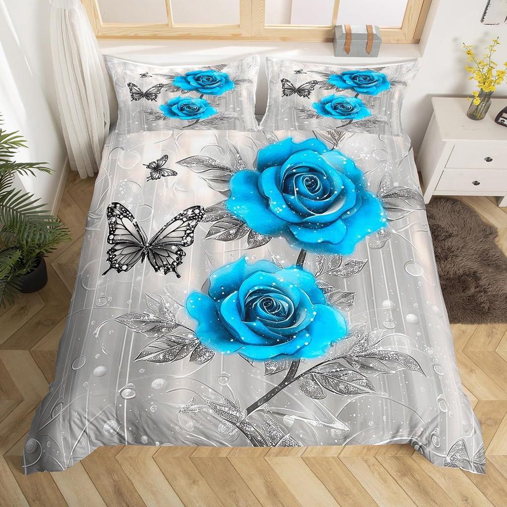 Blue Rose Digital Printed Duvet Set Three-Piece Valentine'S Day Gift Suitable For Bedroom Decoration Bedding