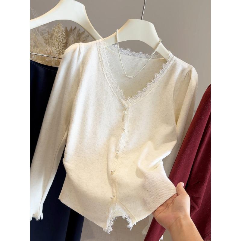 Glitter V-neck Sweater Women's Spring and Autumn New Lace Splicing Knitted Bottoming Sweater