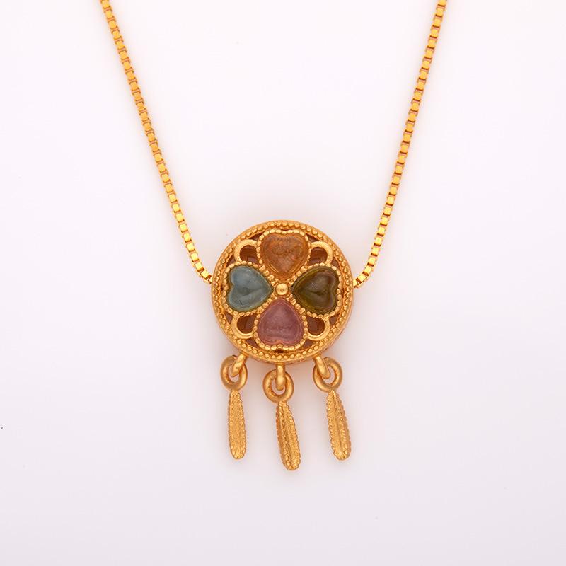 

S925 Sterling Silver Ancient Gold Craft Necklace Inlaid With Natural Tourmaline Dream Catcher Retro And Elegant Temperament Pendant золотий