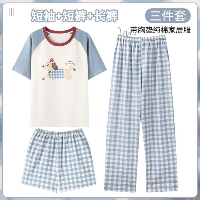 

Online store cotton pajamas with chest pads, cartoon three-piece set, short-sleeved pure cotton loungewear, free shipping L