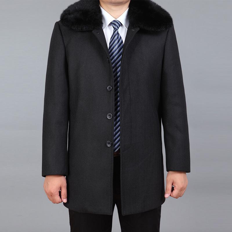 Erkekler Yün Ceket Kış Yün Karışımı Ceket Yün Uzun Ceket Kalın Yün Ceket Erkek Bezelye Ceket Gerçek Tavşan Kürk