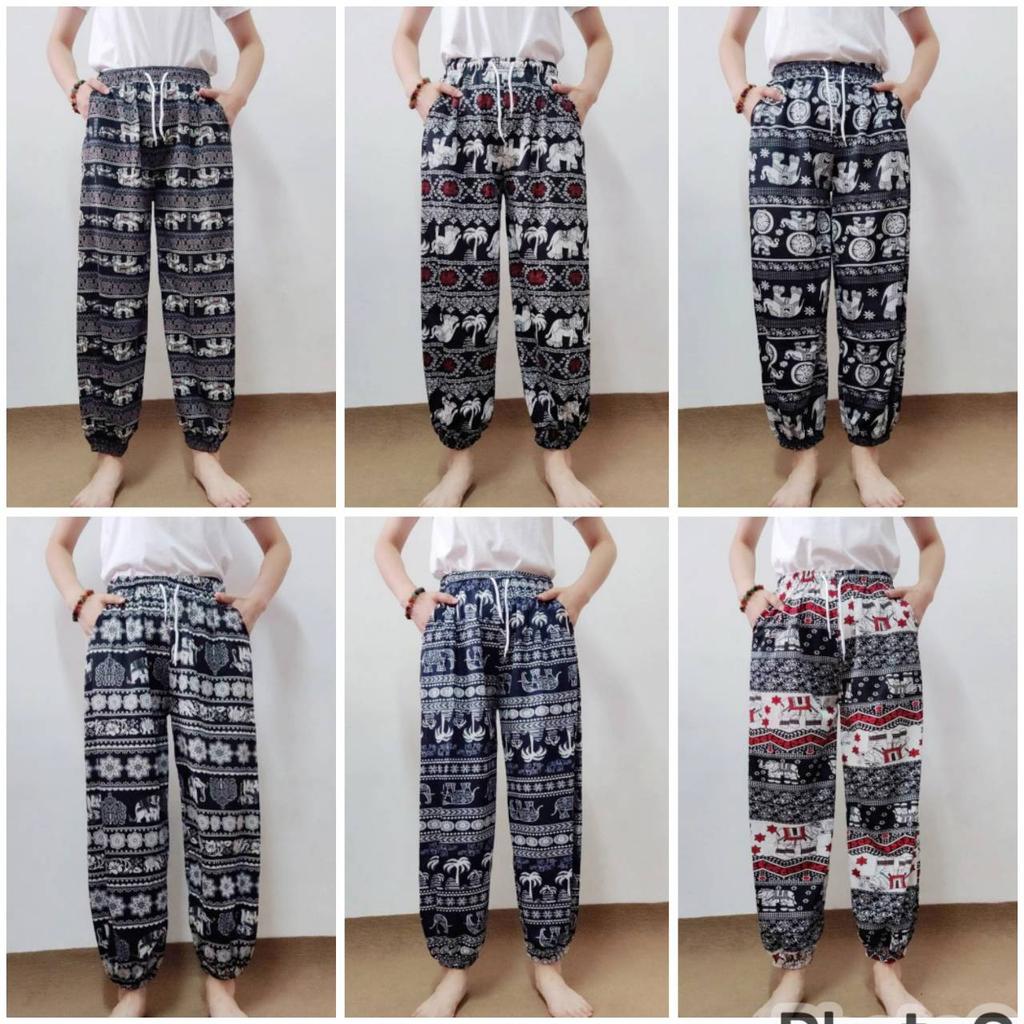 Elephant Jump Pants Pocket Adjustable Elastic High Waistband Strap Unisex Man Women Print Thailand Casual Streetwear Beach Bohemian Retro Vintage