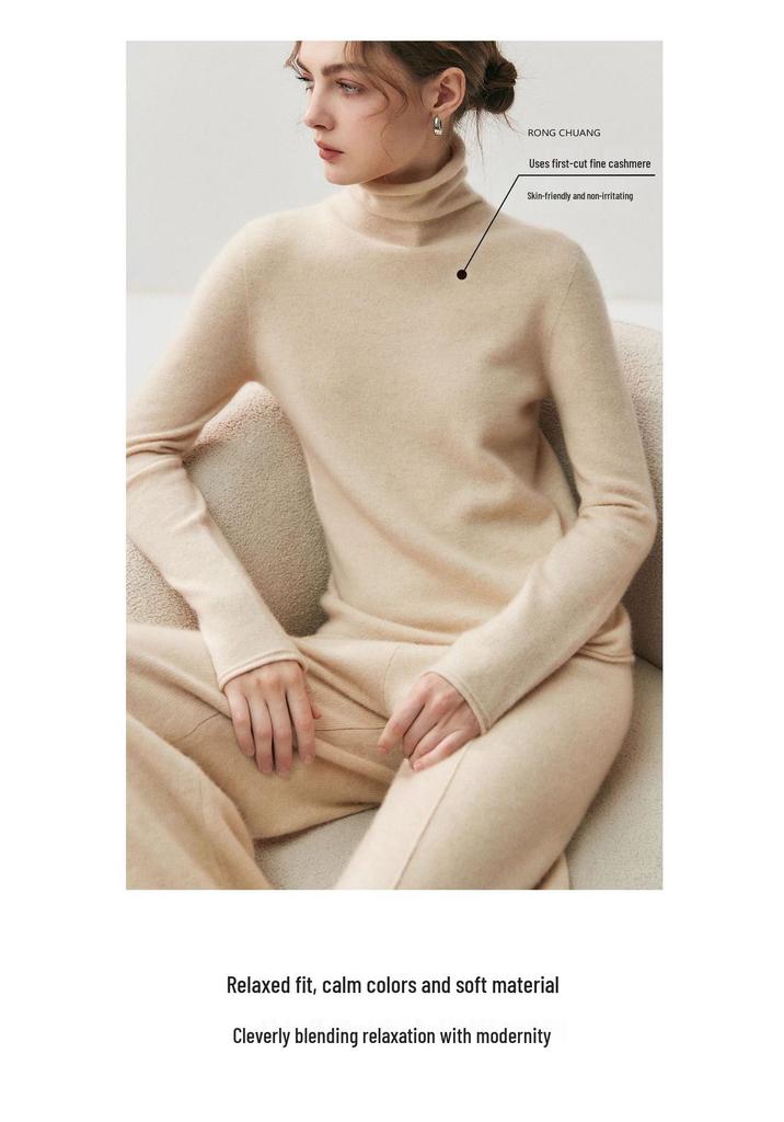 HE Basic Aesthetics Women's Cashmere Turtleneck Loose Fit Seamless Wool Sweater