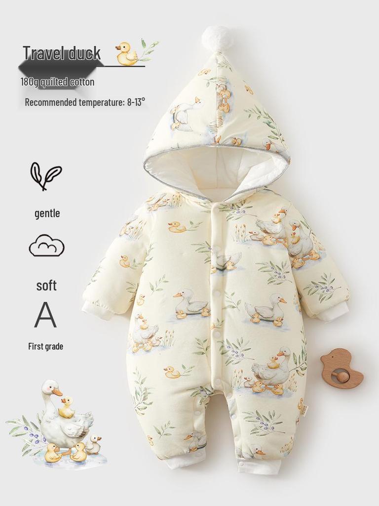 Winter Baby Romper: Thick Hooded Cotton Suit for Newborns, Ideal for Outings & Crawling