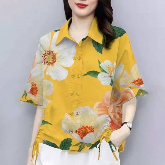 Women Casual Shirt Side Drawstring Shirt Sleeve Flower Pattern Lapel Short Double Breasted Loose Fit