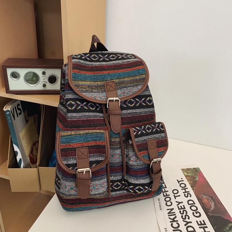 2026 Новый женский этнический стиль рюкзак повседневный клетчатый на шнурке ретро женский большая вместимость школьная сумка сумка-ведро на шнурке синий