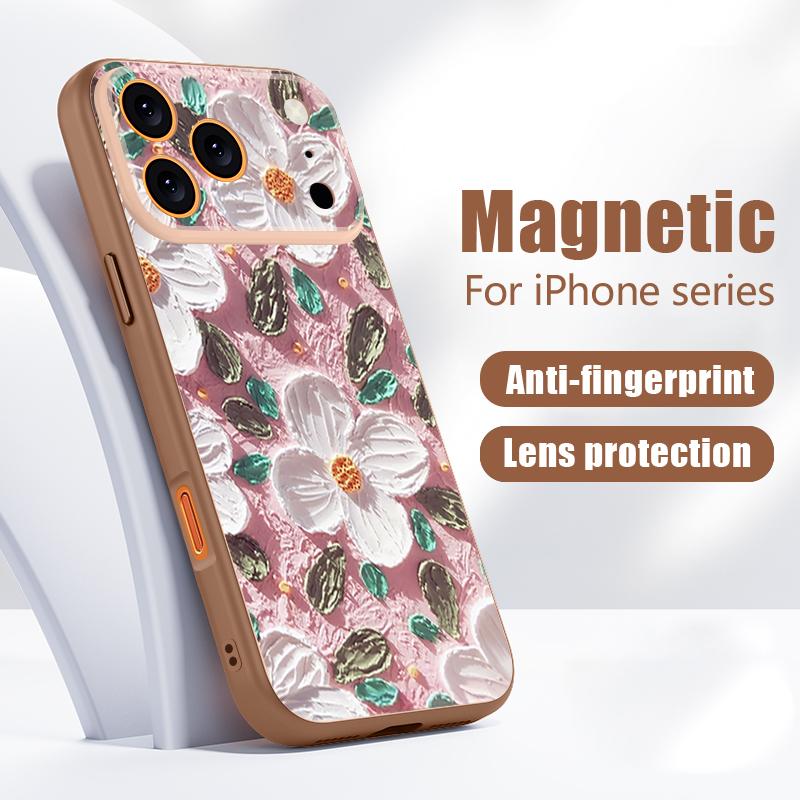 Oil Painting Flowers Pattern Case For iPhone 17 Pro Max Funda iPhone 16 15 14 13 Pro Max Magnetic For Magsafe Hybrid Slim Matte Cover