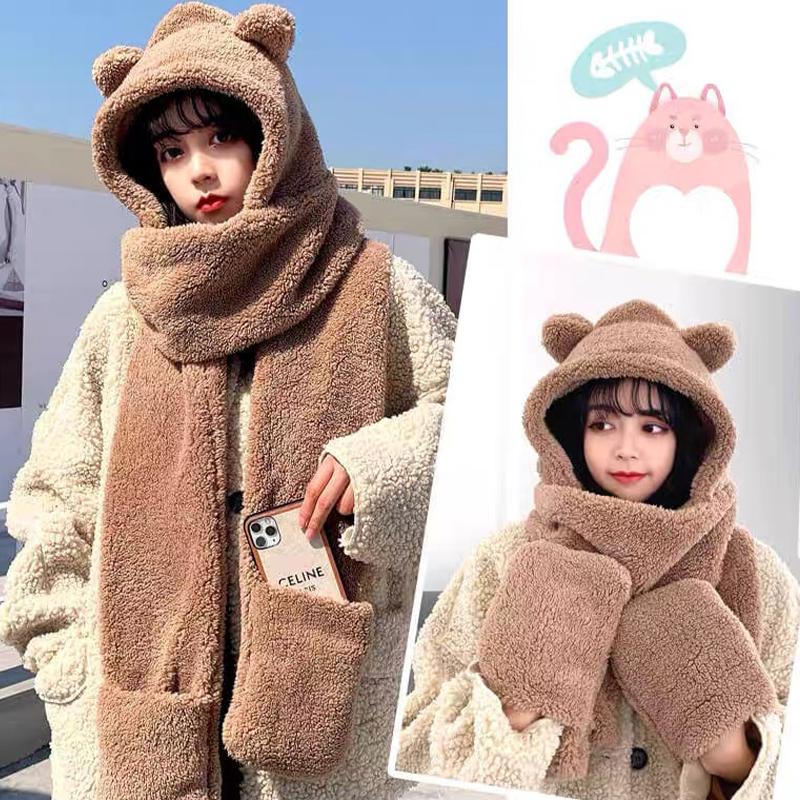 Cute Bear Ear Hat Scarf Gloves Set Thicken Women Beanies Caps Winter Warm Windproof Ear Protection Hat