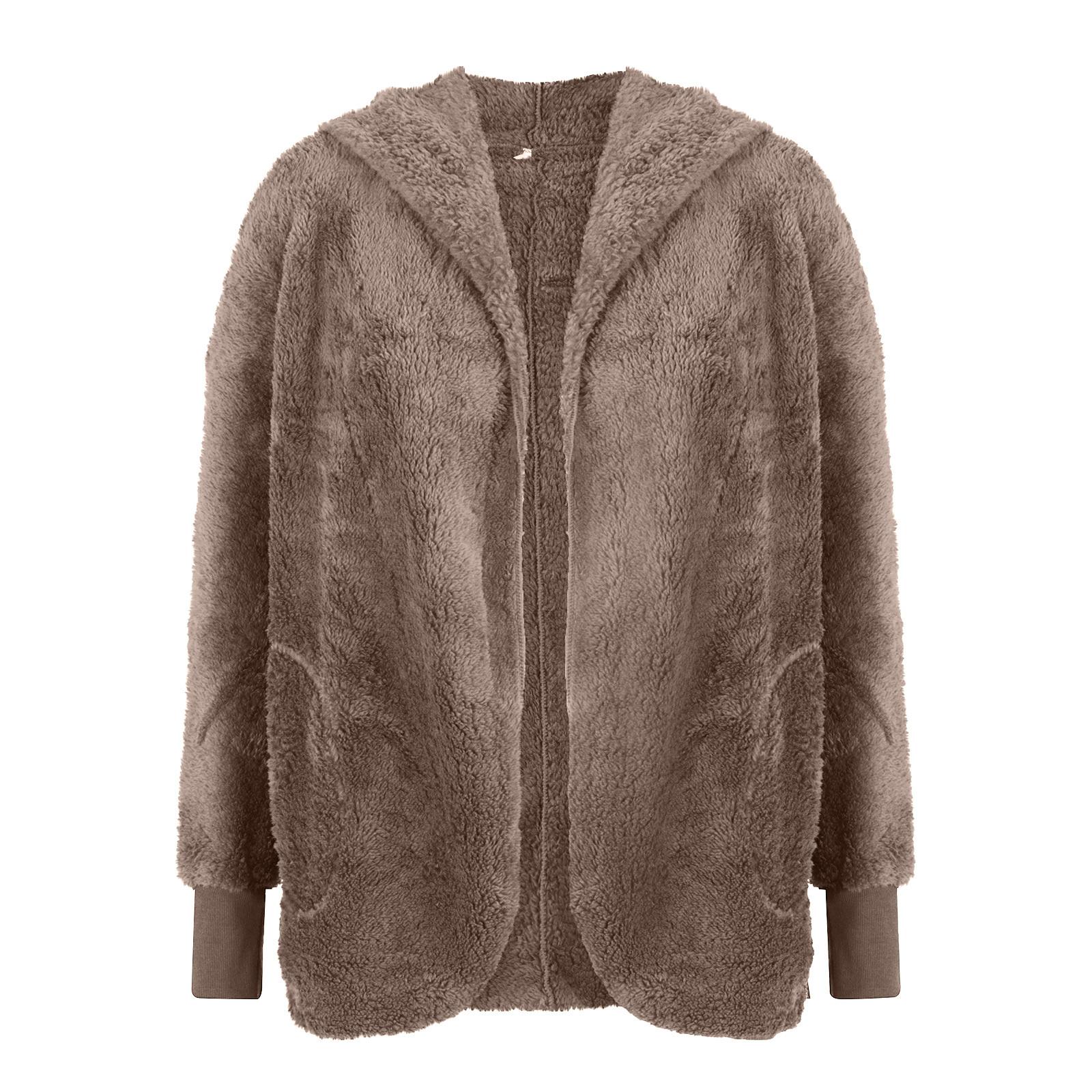 Женская осенне-зимняя плюшевая куртка средней длины с отворотами и капюшоном XL — фото 5