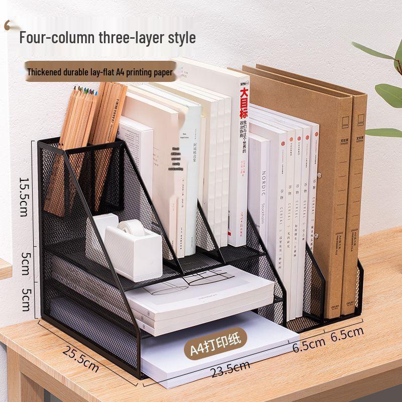 Wrought Iron Metal File & Pen Holder: Office File Rack & Bookshelf Organizer
