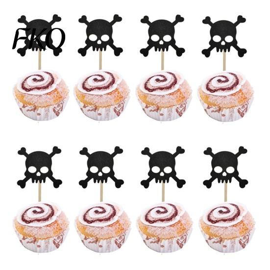 Halloween Baking Supplies 8 Pcs Glitter Cupcake Picks, Spooky Black Skull Durable Cake Topper Toppers, Gothic Birthday Party Decoration for