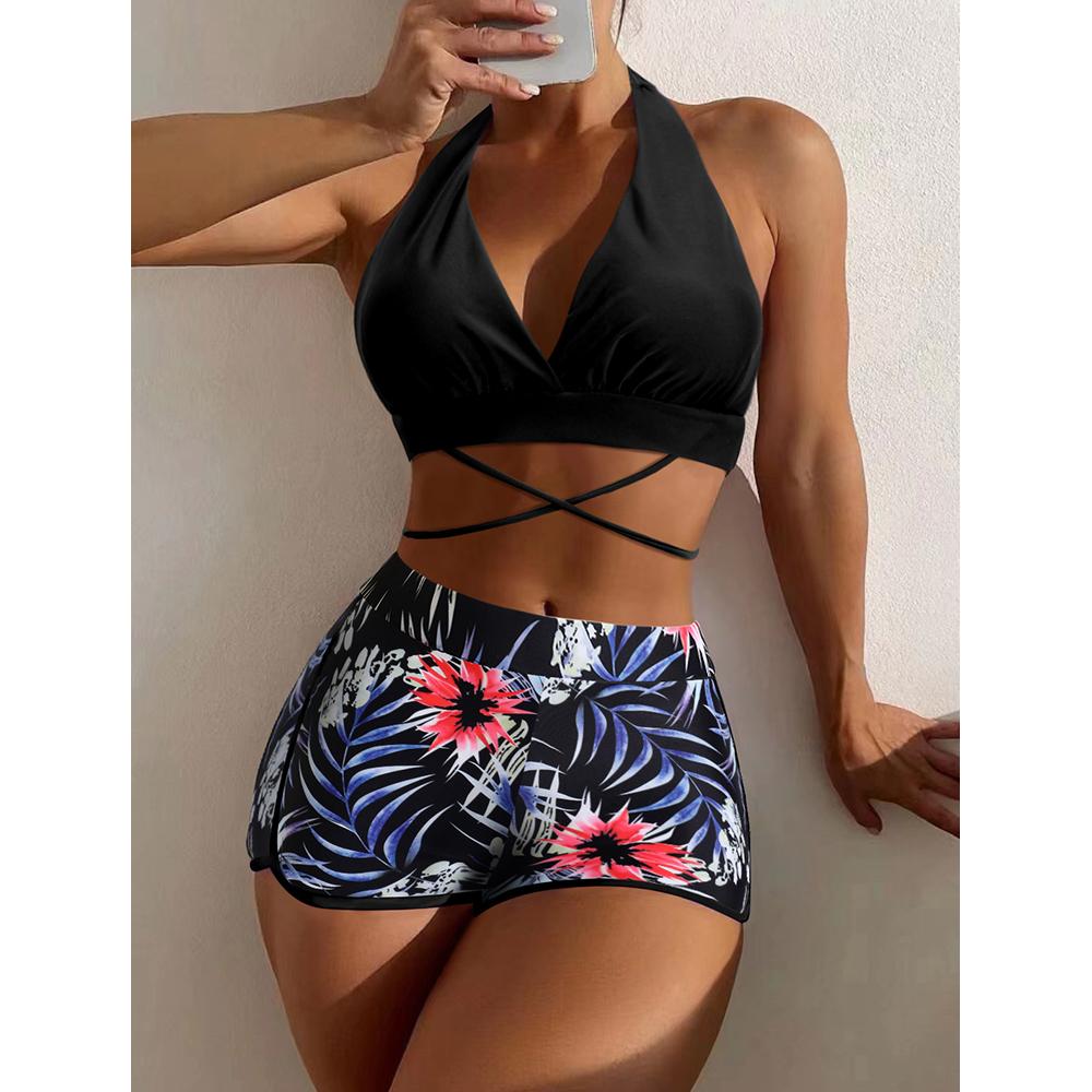

Женский купальник с высокой талией и принтом, купальный костюм из двух частей, пляжная одежда, бикини большого размера S чёрный