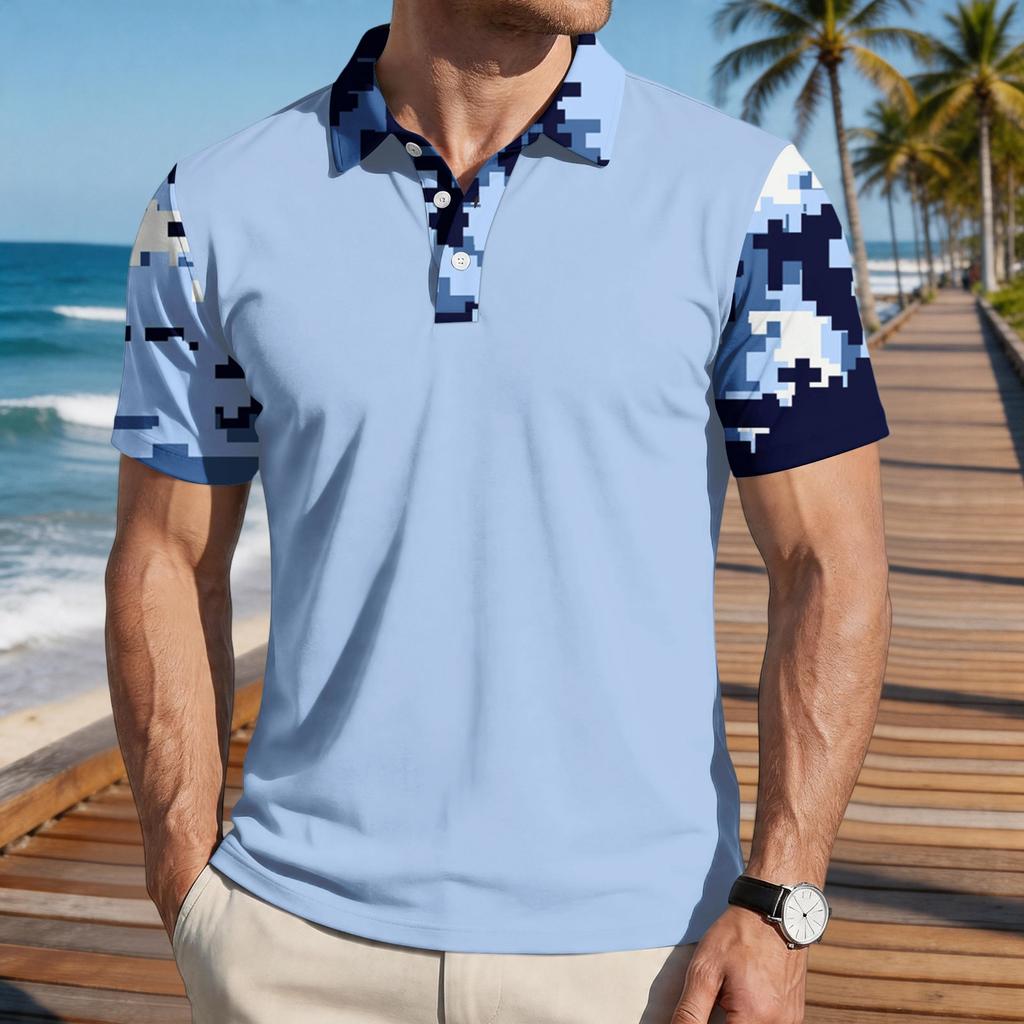 Men's Loose Fit Casual Polo Shirt Camouflage Pattern Color Block Short Sleeve Button Collar Top for Everyday Wear