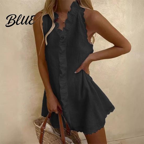 Lightweight Cotton Dress Summer Ruffle Mini for Women Sleeveless V Neck Beach Resort Wear Linen Short Dress Boho Vacation Casual A-Line Sundress