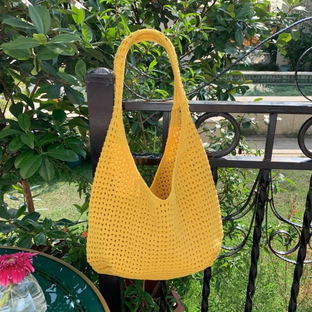 Large Capacity Knitted Shoulder Bag Solid Color Woven Handbag Durable Crochet Mesh Tote Bag Summer