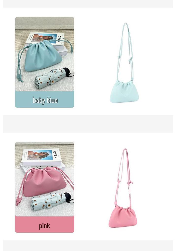 Women's 2026 New Korean Style Lambskin Cloud Bag: Fashionable Pleated Design, Versatile Drawstring, Single Shoulder, Crossbody Bag.