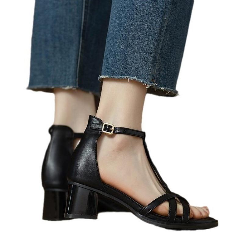 New Style of Mid-heel Cross-toe Sandals, Soft Leather Chunk-heeled Women's Shoes