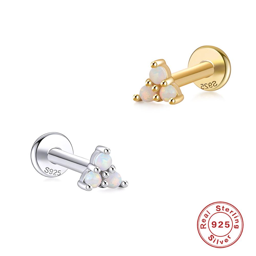 S925 Sterling Silver Opal Threaded Cartilage Stud Earrings for Men and Women