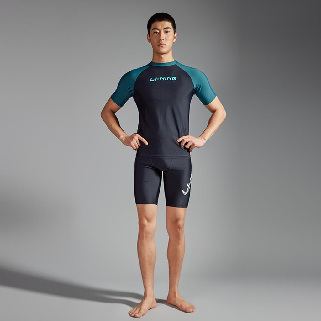 Li Ning Swimming Series Color Block Letter Round Neck Pullover Sports Long Sleeve Swimsuit Men Swimsuit Balsam-Green Black ASLT093-2