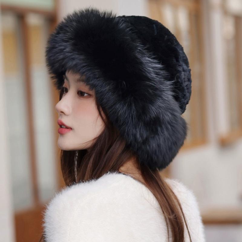 Bucket Hat Rabbit Hair Knitted Elastic Headgear Warm Female Autumn and Winter Fox Fur Hat