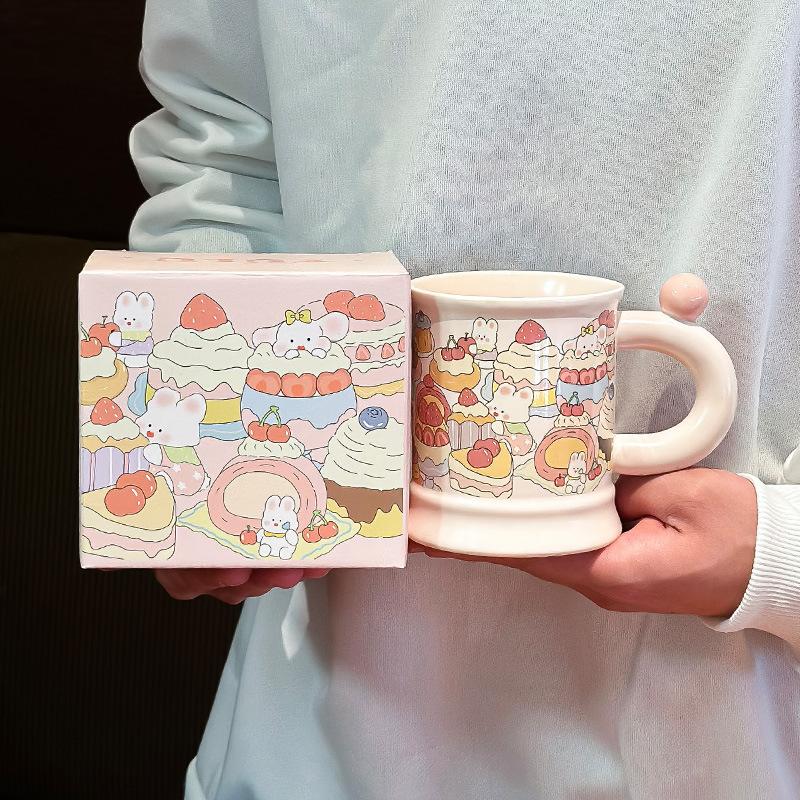 

Романтическая розовая керамическая кружка Милый маленький кролик Подарок на день рождения Чашка Бытовая кофейная чашка Чашка для воды Цветная коробка 400ML