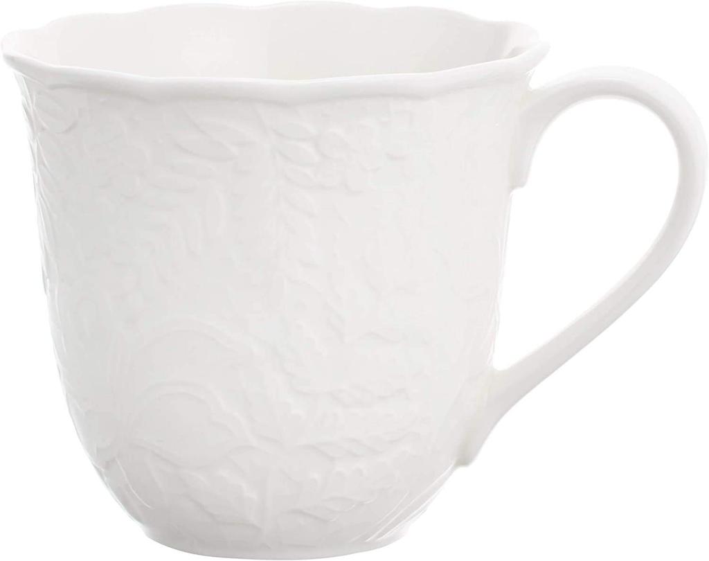 NARUMI Pair of Honiton Lace Bright Mugs, 350cc, White, Lace Pattern, Cute, Large, Wedding Gift, Microwave-Safe, Dishwasher-Safe, Gift Boxed, Gift