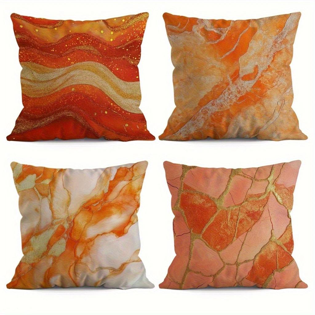 Luxurious Orange & Gold Marble Pillowcase - Glitter Wave Pattern Print Pillow Cover for Sofa Bedroom Living Room