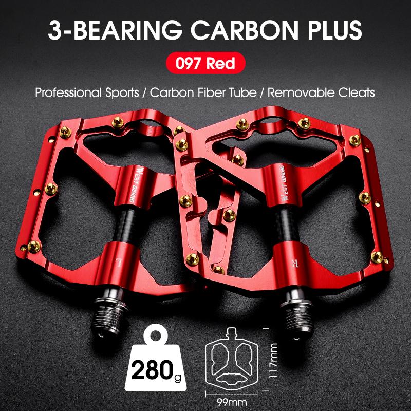 WEST BIKING 3 Bearings Bicycle Pedals Ultralight Carbon Fiber Axle Sleeve Aluminium MTB Road Bike Flat Pedals Cycling Accessory