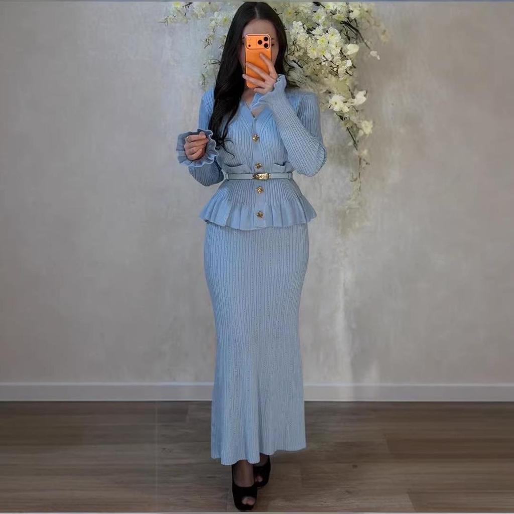 2026 Autumn Women's V-Neck Knit Sweater and Long Bodycon Skirt Set
