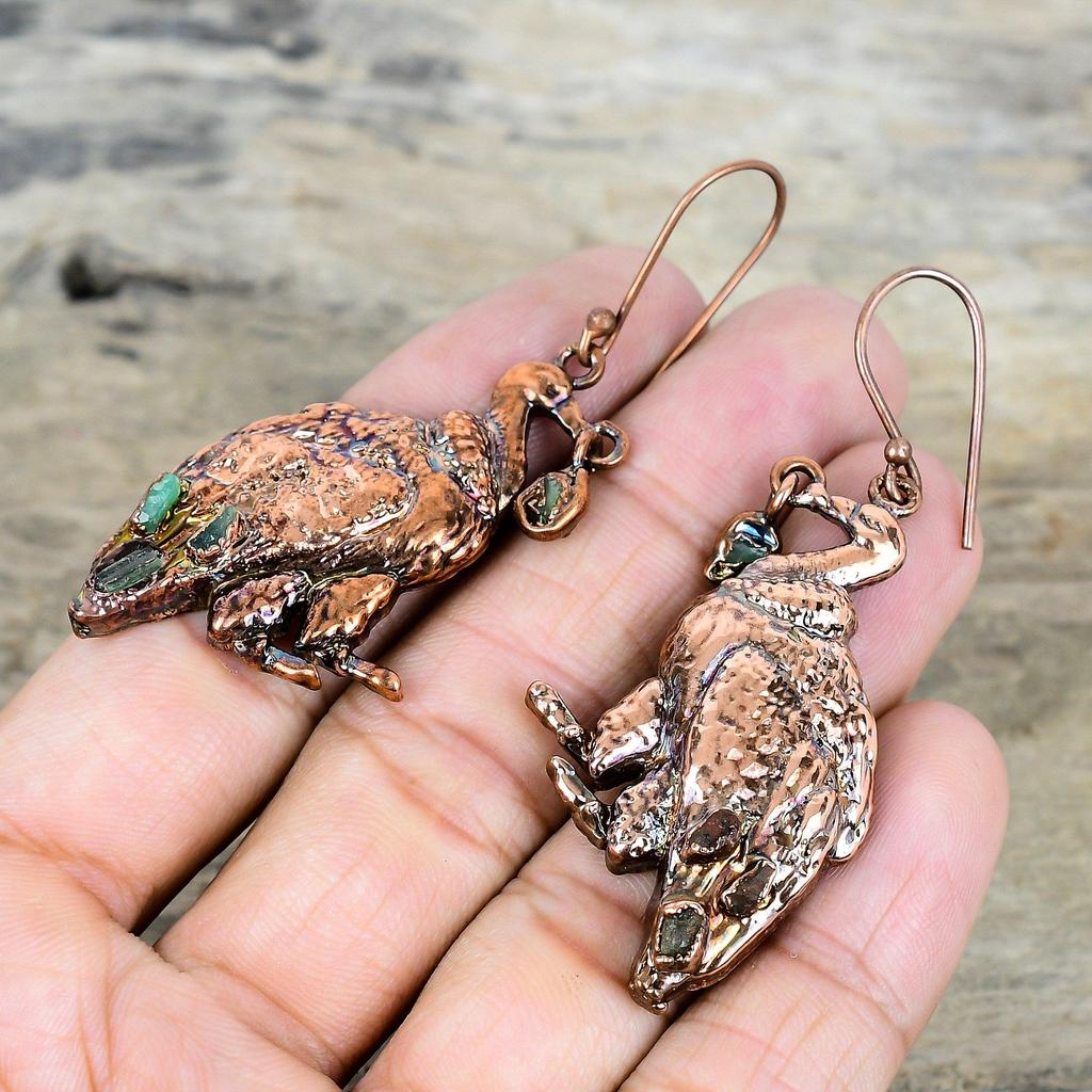 Green Tourmaline Rough Earring Electroformed Copper Earring Handmade Peacock Earrings Electroformed Jewelry Gemstone Earring Gifts for Women