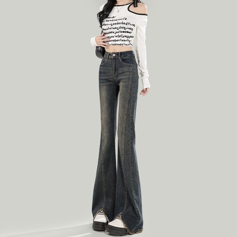 Women s High-Waisted Retro Blue Micro-Flare Jeans with Raw Hem Retro Blue Extra Long