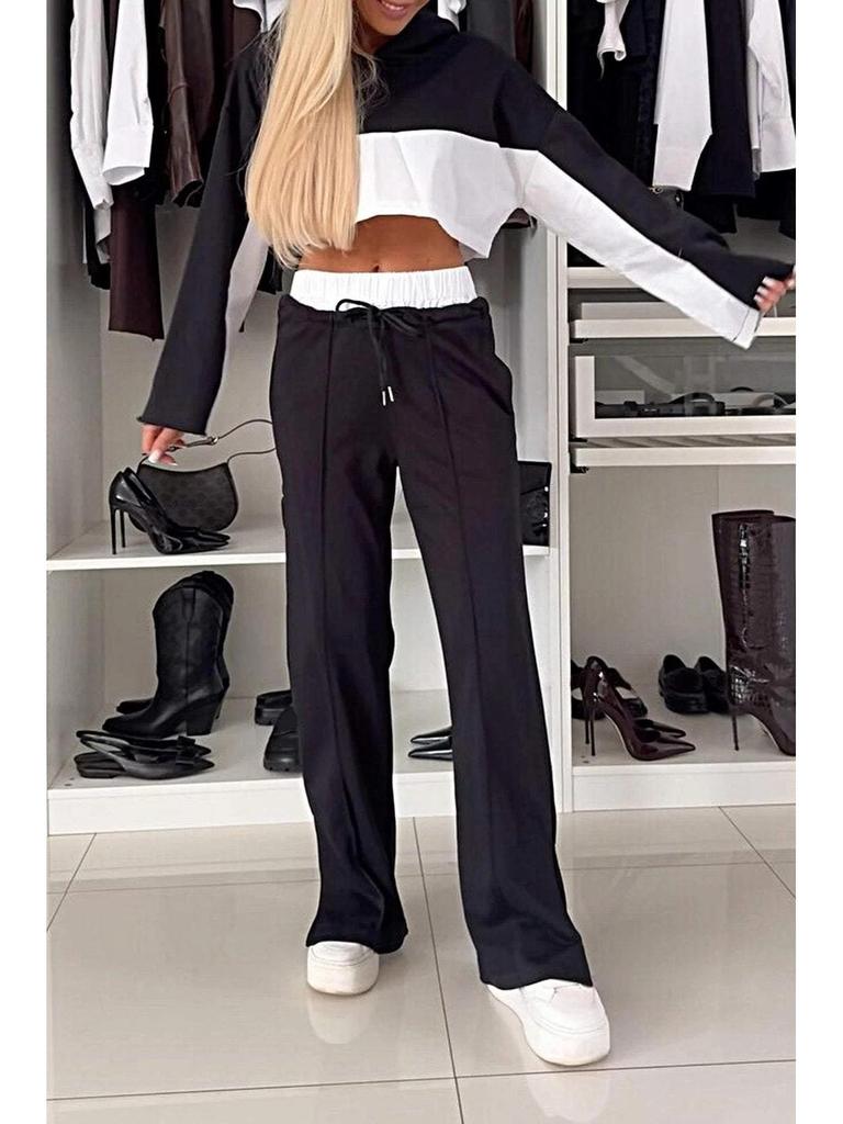 Nowy Modny Damski Zestaw Bluza z Kapturem Color Block i Długie Spodnie ze Sznurkiem