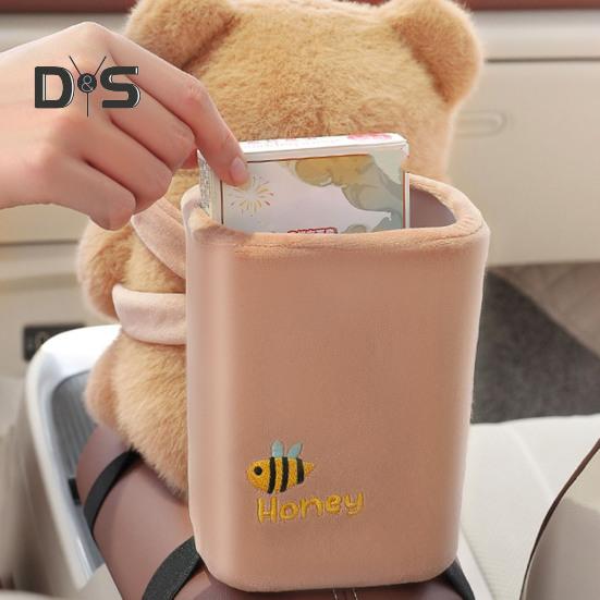 Cute Bear Car Tissue Box & Trash Can 2-in-1 Plush Multi-Functional Organizer Universal Auto Interior Decor for SUV Truck Van