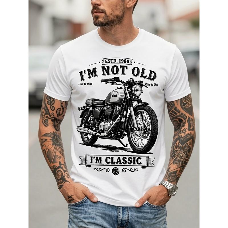 Sommer Freizeit Herren 3D Digital Vintage Stil Motorrad Druck Und 'ICH BIN NICHT ALT ICH BIN KLASSISCH' Grafik Kurzarm Rundhals T-Shirt, Vatertagsgeschenk