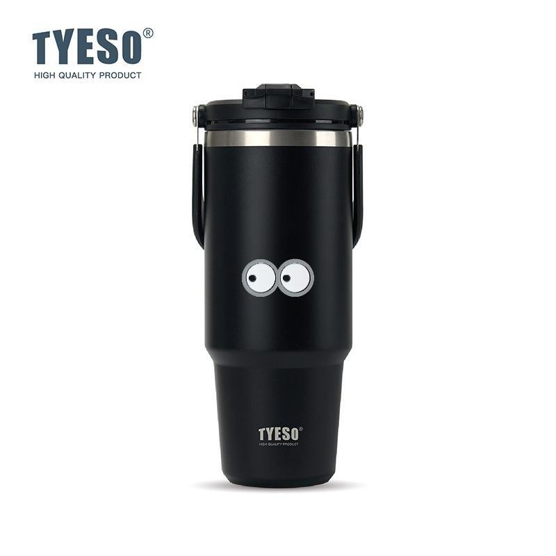 Tyeso 1200ML Cup Handle Vacuum Flasks Dual-Drink Coffee Mug Stainless Steel Thermoses Ice Cup Car Bottle Hot Cold Retention with Eye Sticker