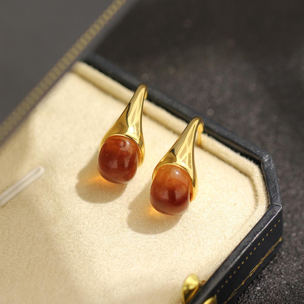 Medieval Gold Coffee U-shaped Amber Earrings, High-end Cold Wind Temperament, Niche Design, Middle Eastern Earrings