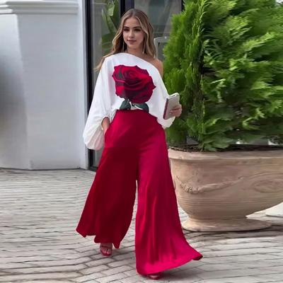 2 Pcs/Set Women Top Pants Set 3D Rose Print One Shoulder Slant Neck Long Bat