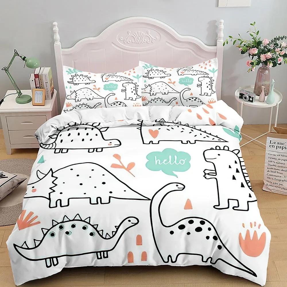 Kids Cartoon Dinosaur Bedding Set KingQueenFull Size Cute Animal World Duvet Cover Orange Yellow Polyester