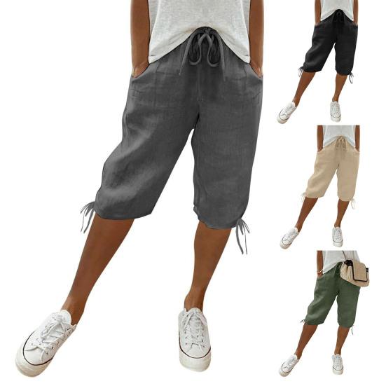Women Shorts Elastic Mid-Waist Adjustable Drawstring Yoga Running Shorts with Pockets Solid Color Loose