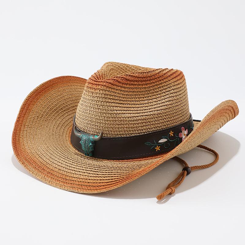 Embroidered cow head belt western cowboy hat new summer outdoor leisure sunscreen sunshade mountaineering straw hat