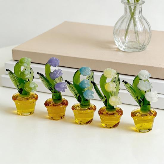 Mini Glass Lily of The Valley Flower with Pot Hand Blown Faux Crystal Flower Figurine for Mother's Day Birthday Table Centerpiece