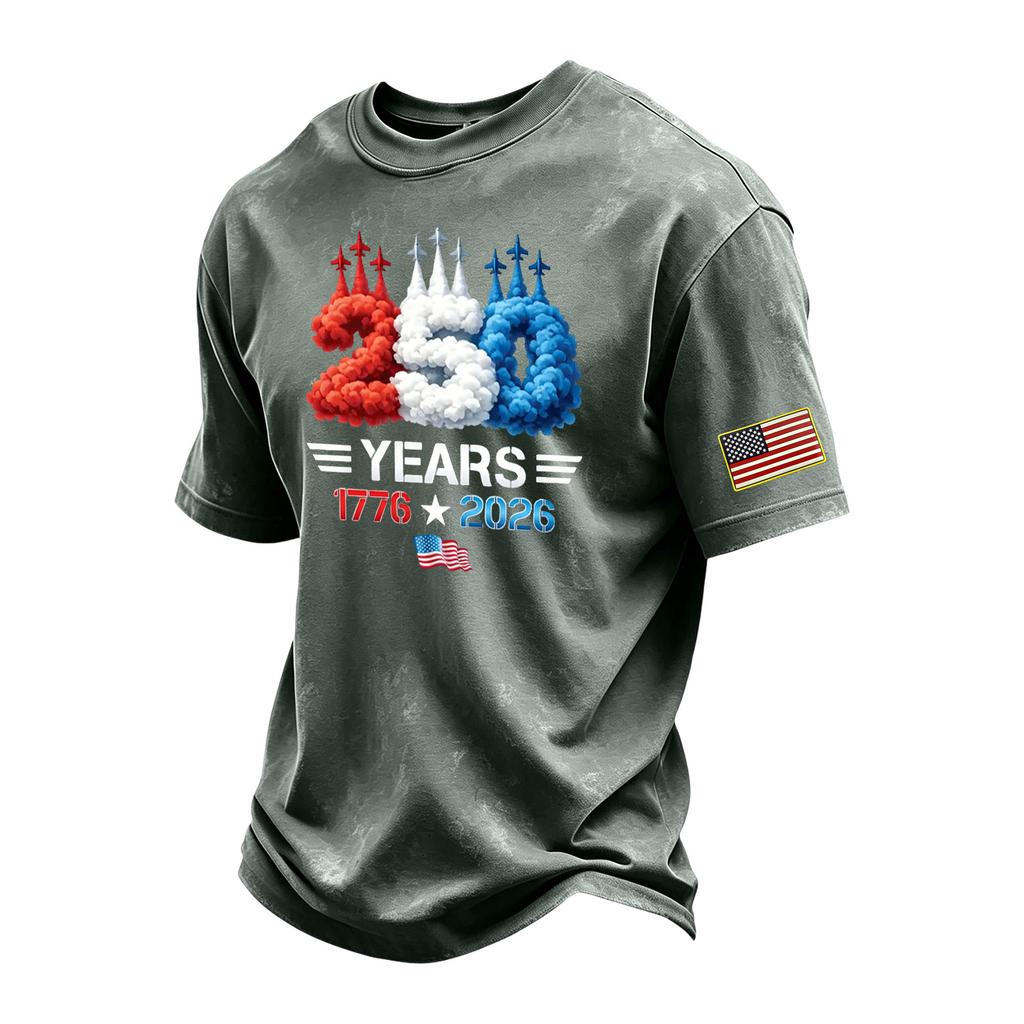 Men's Vintage Washed Crew Neck Short Sleeve T Shirt Independence Day Graphic Print 250 Years 1776 to 2026 Cotton Blend Casual Tee