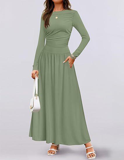 JPNTKY Fashion Autumn Winter Solid Color Print Long Sleeve O-Neck Casual Dresses Unique design